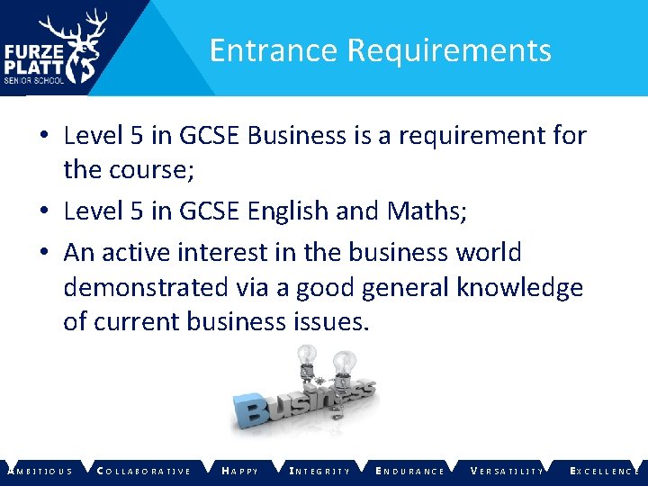 Entrance Requirements • Level 5 in GCSE Business is a requirement for the course;