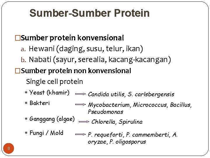 Sumber-Sumber Protein �Sumber protein konvensional a. Hewani (daging, susu, telur, ikan) b. Nabati (sayur,