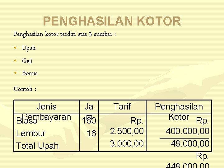 PENGHASILAN KOTOR Penghasilan kotor terdiri atas 3 sumber : • Upah • Gaji •