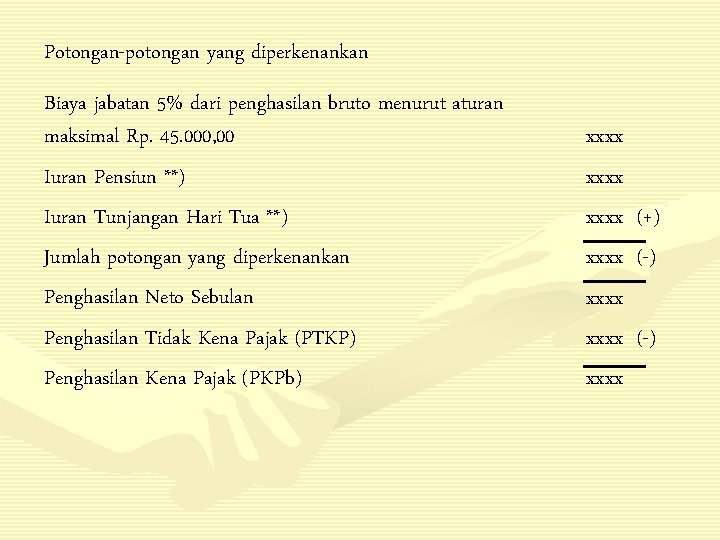 Potongan-potongan yang diperkenankan Biaya jabatan 5% dari penghasilan bruto menurut aturan maksimal Rp. 45.