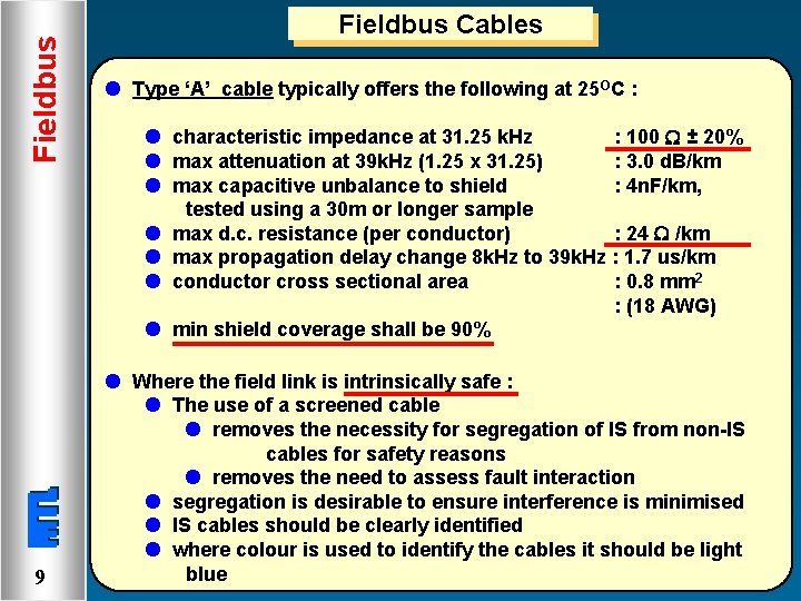 Fieldbus 9 Fieldbus Cables l Type ‘A’ cable typically offers the following at 25