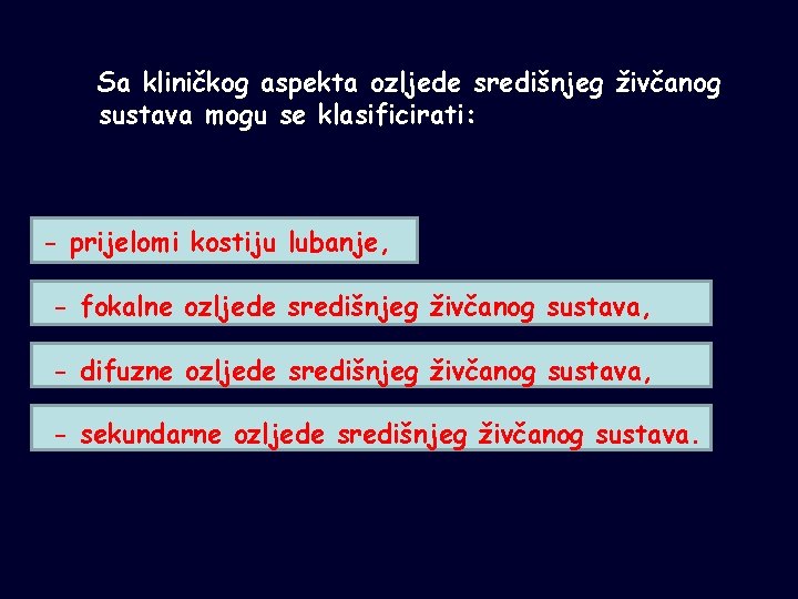 Sa kliničkog aspekta ozljede središnjeg živčanog sustava mogu se klasificirati: - prijelomi kostiju lubanje,