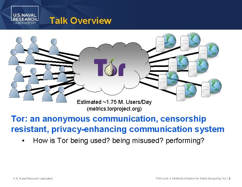 Talk Overview Estimated ~1. 75 M. Users/Day (metrics. torproject. org) Tor: an anonymous communication,