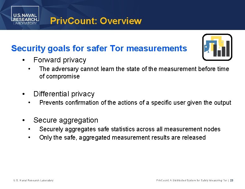Priv. Count: Overview Security goals for safer Tor measurements • Forward privacy • •