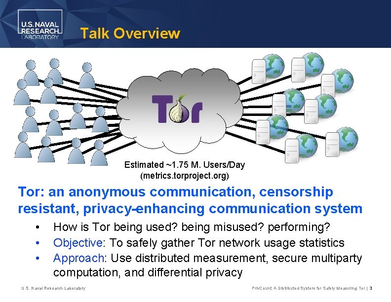 Talk Overview Estimated ~1. 75 M. Users/Day (metrics. torproject. org) Tor: an anonymous communication,