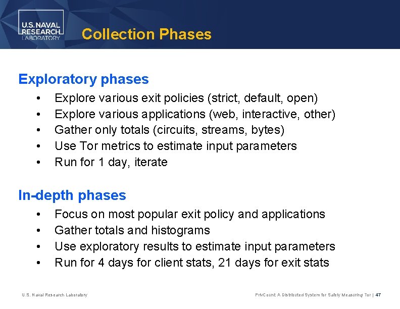 Collection Phases Exploratory phases • • • Explore various exit policies (strict, default, open)