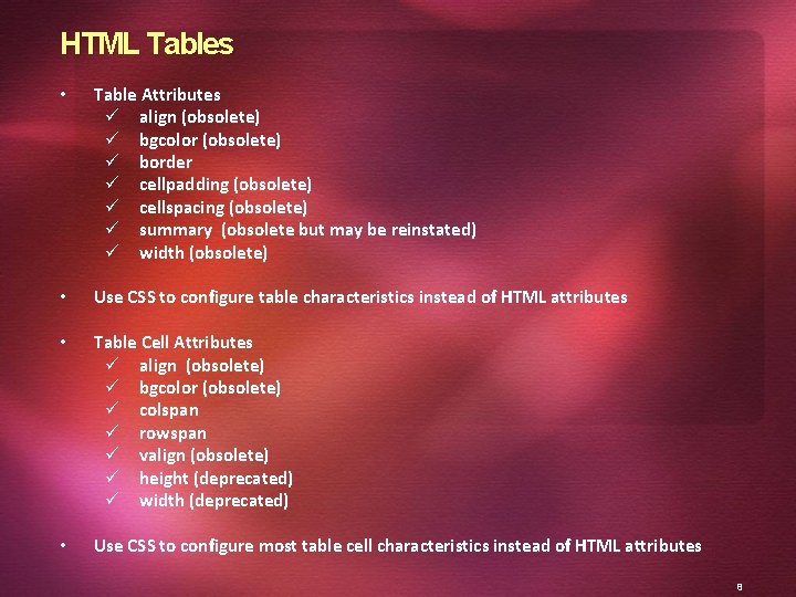 HTML Tables • Table Attributes ü align (obsolete) ü bgcolor (obsolete) ü border ü