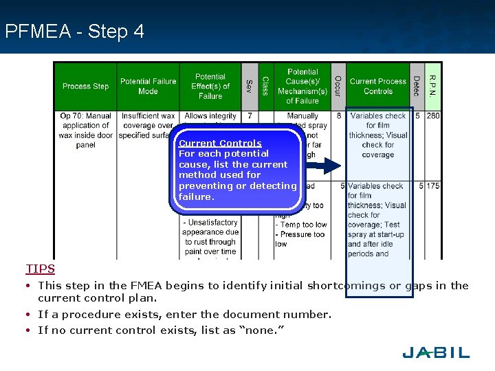 PFMEA - Step 4 Current Controls For each potential cause, list the current method