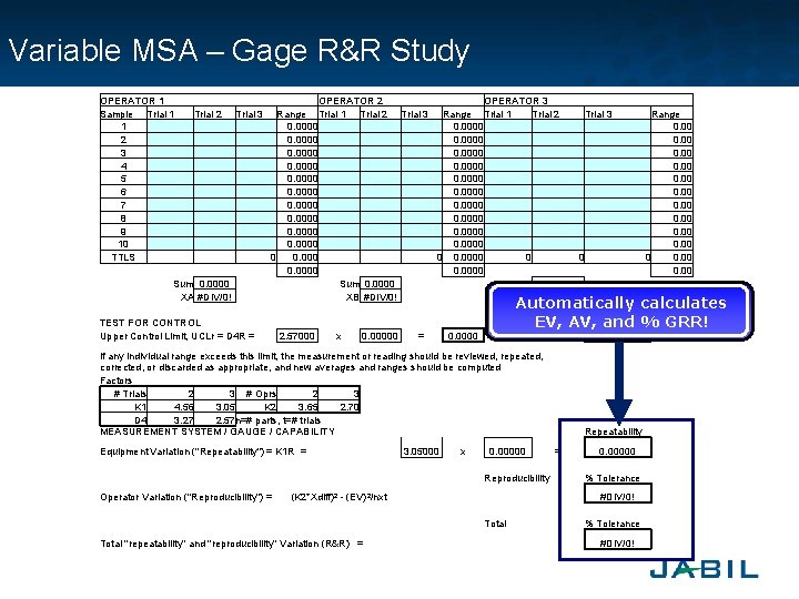 Variable MSA – Gage R&R Study OPERATOR 1 Sample Trial 1 1 　 2