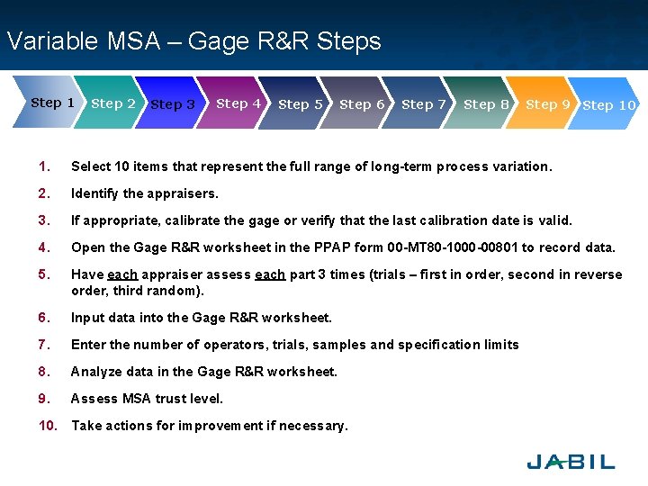 Variable MSA – Gage R&R Steps Step 1 Step 2 Step 3 Step 4