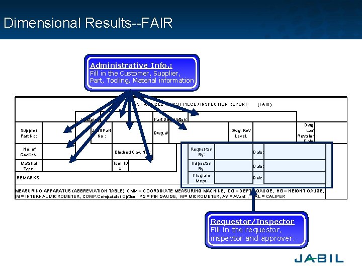 Dimensional Results--FAIR Administrative Info. : Fill in the Customer, Supplier, Part, Tooling, Material information