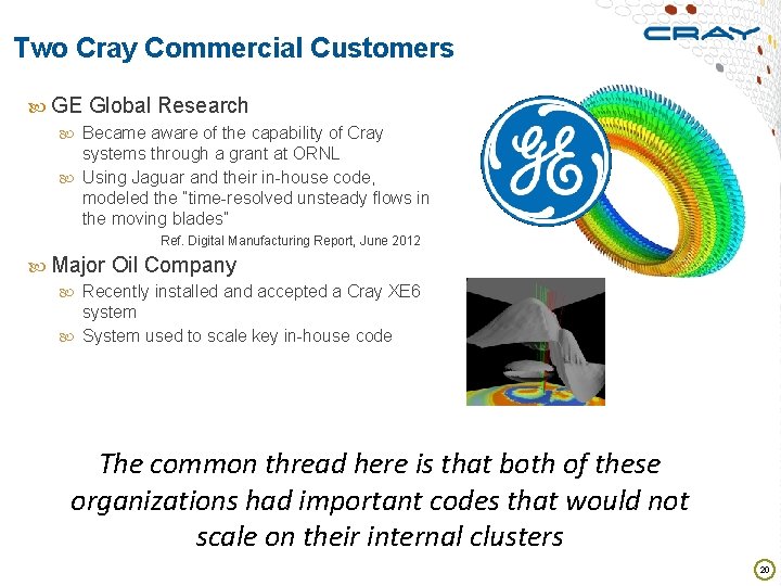 Two Cray Commercial Customers GE Global Research Became aware of the capability of Cray