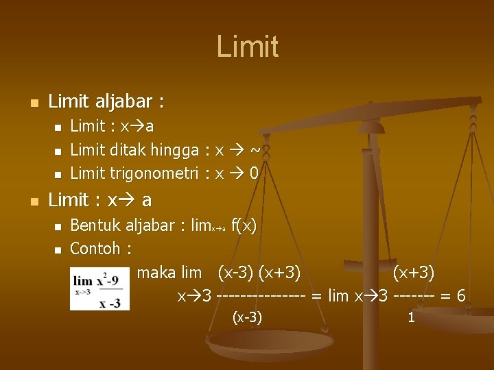 Limit n Limit aljabar : n n Limit : x a Limit ditak hingga