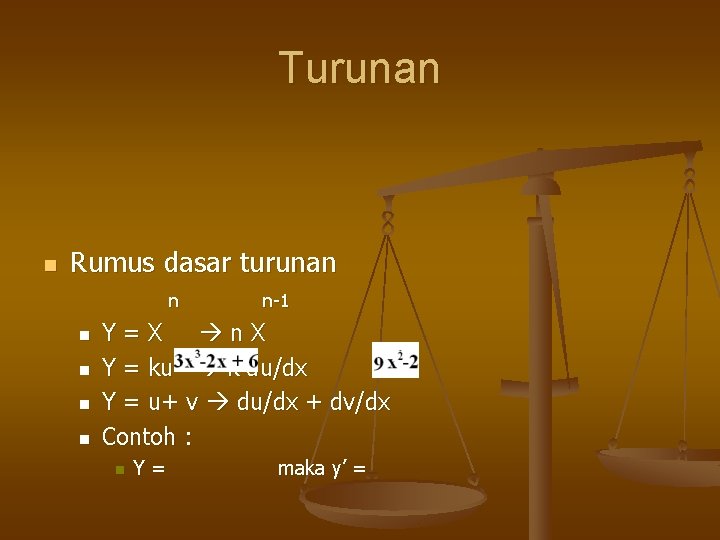 Turunan n Rumus dasar turunan n n n-1 Y=X n. X Y = ku