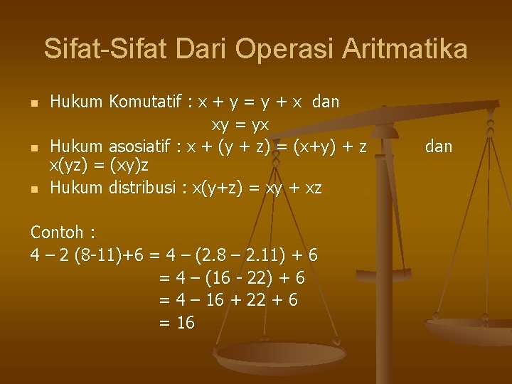 Sifat-Sifat Dari Operasi Aritmatika n n n Hukum Komutatif : x + y =