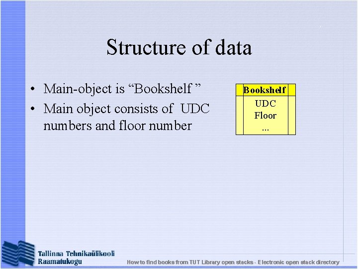 Structure of data • Main-object is “Bookshelf ” • Main object consists of UDC