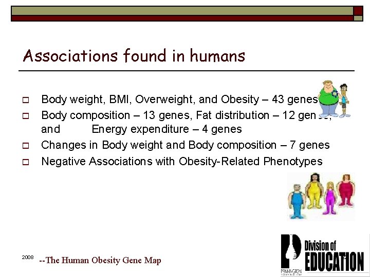 Associations found in humans o o 2008 Body weight, BMI, Overweight, and Obesity –