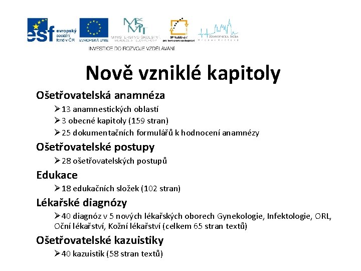 Nově vzniklé kapitoly Ošetřovatelská anamnéza Ø 13 anamnestických oblastí Ø 3 obecné kapitoly (159