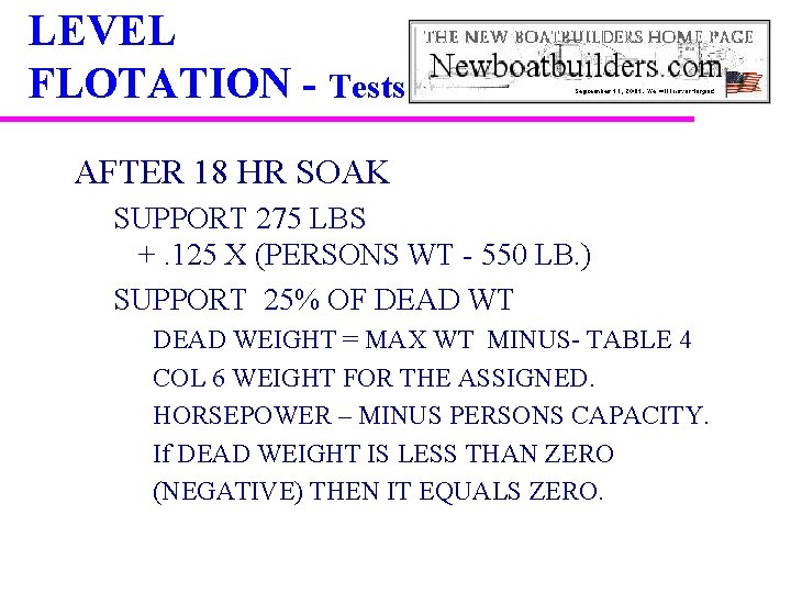 LEVEL FLOTATION - Tests AFTER 18 HR SOAK SUPPORT 275 LBS +. 125 X