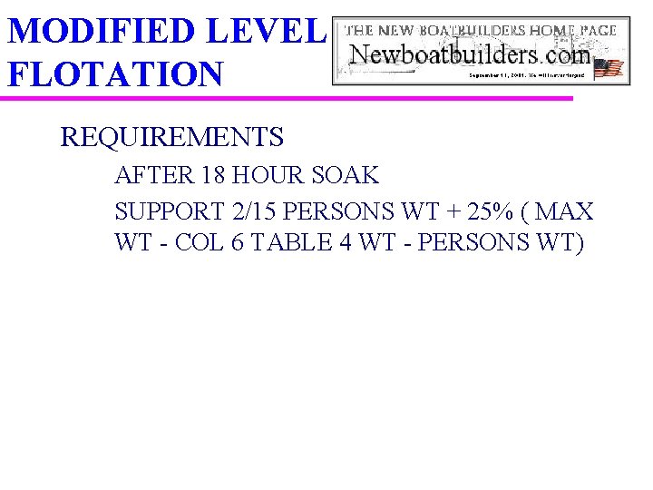 MODIFIED LEVEL FLOTATION REQUIREMENTS – AFTER 18 HOUR SOAK – SUPPORT 2/15 PERSONS WT