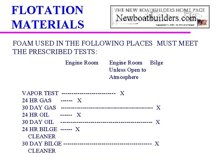 FLOTATION MATERIALS FOAM USED IN THE FOLLOWING PLACES MUST MEET THE PRESCRIBED TESTS: Engine