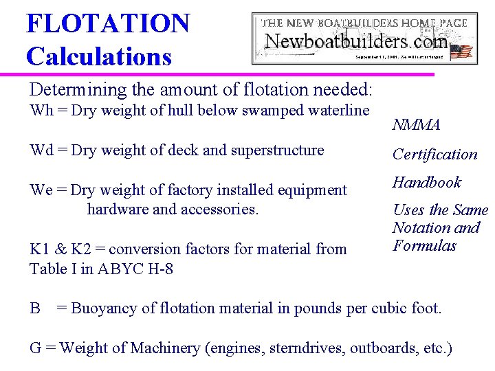 FLOTATION Calculations Determining the amount of flotation needed: Wh = Dry weight of hull