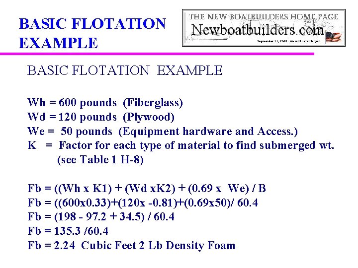 BASIC FLOTATION EXAMPLE Wh = 600 pounds (Fiberglass) Wd = 120 pounds (Plywood) We