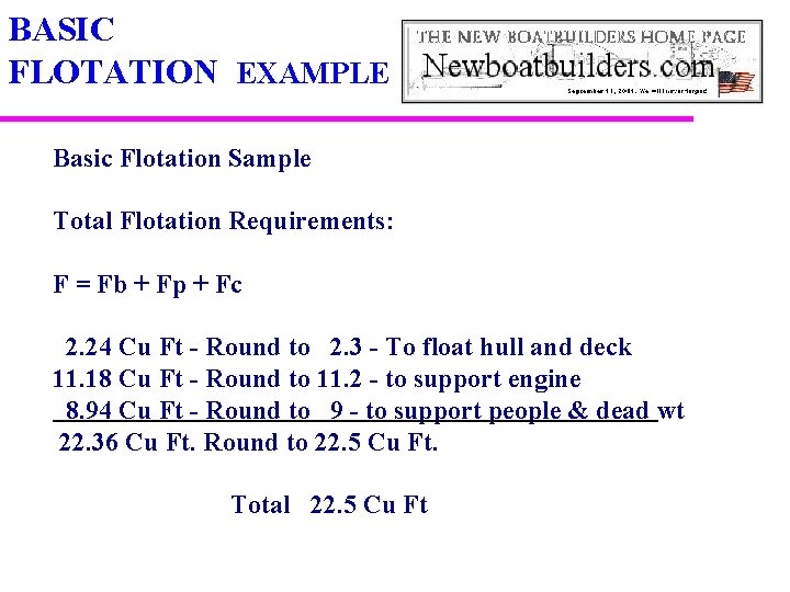 BASIC FLOTATION EXAMPLE Basic Flotation Sample Total Flotation Requirements: F = Fb + Fp
