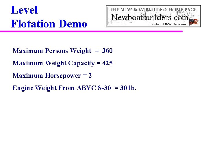 Level Flotation Demo Maximum Persons Weight = 360 Maximum Weight Capacity = 425 Maximum