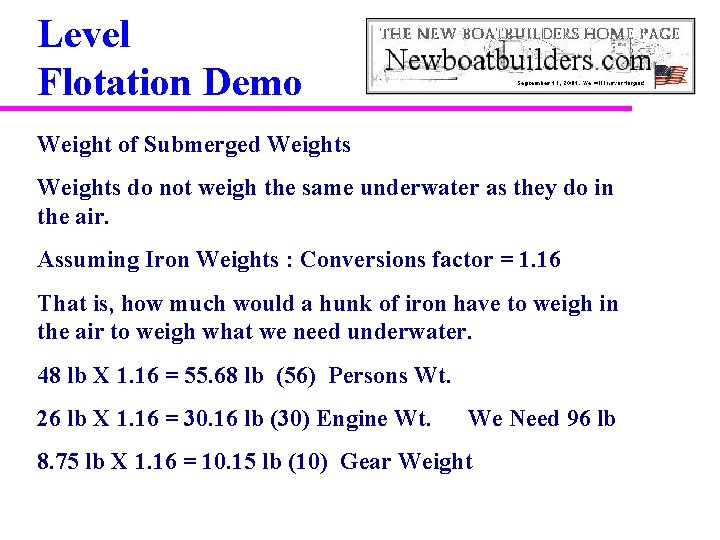 Level Flotation Demo Weight of Submerged Weights do not weigh the same underwater as