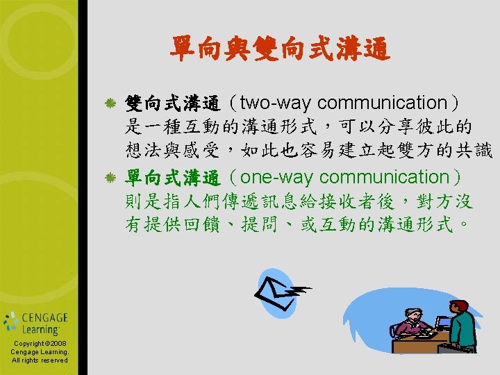 單向與雙向式溝通（two-way communication） 是一種互動的溝通形式，可以分享彼此的 想法與感受，如此也容易建立起雙方的共識。 單向式溝通（one-way communication） 則是指人們傳遞訊息給接收者後，對方沒 有提供回饋、提問、或互動的溝通形式。 Copyright © 2006 Copyright by South-Western,