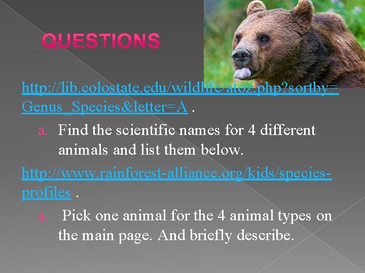 http: //lib. colostate. edu/wildlife/atoz. php? sortby= Genus_Species&letter=A. a. Find the scientific names for 4