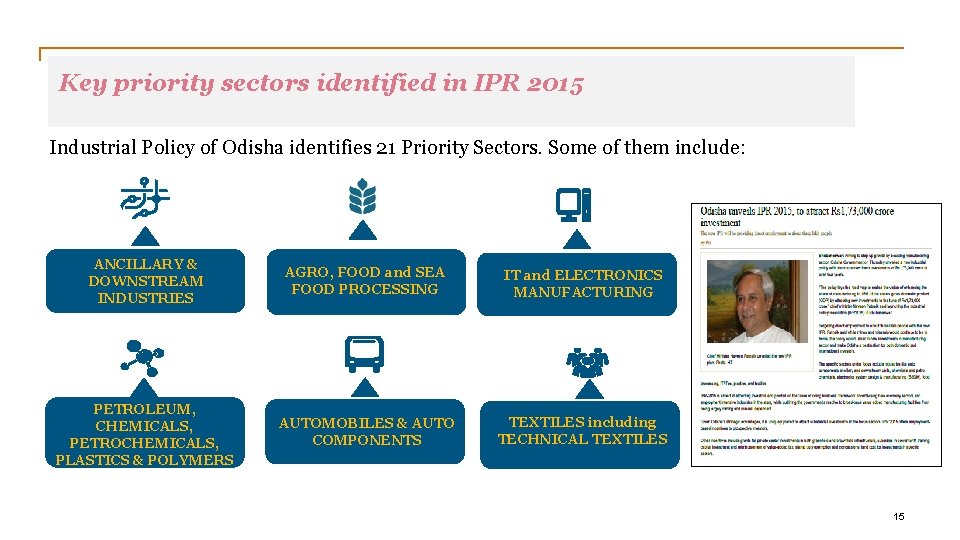 Key priority sectors identified in IPR 2015 Industrial Policy of Odisha identifies 21 Priority