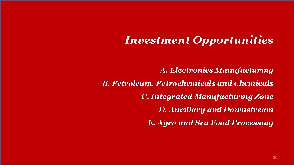 Investment Opportunities A. Electronics Manufacturing B. Petroleum, Petrochemicals and Chemicals C. Integrated Manufacturing Zone