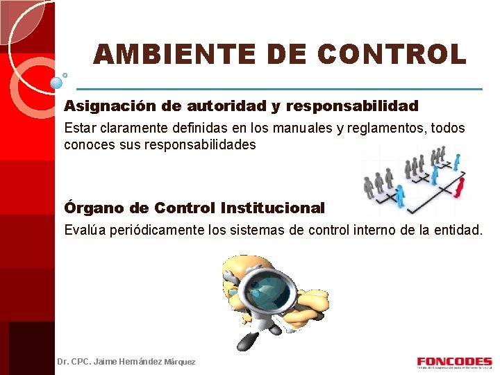 AMBIENTE DE CONTROL Asignación de autoridad y responsabilidad Estar claramente definidas en los manuales