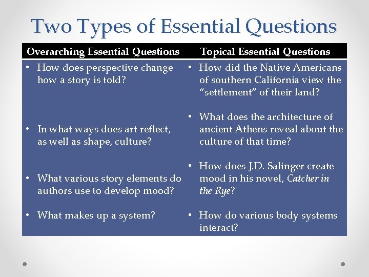 Two Types of Essential Questions Overarching Essential Questions • How does perspective change how