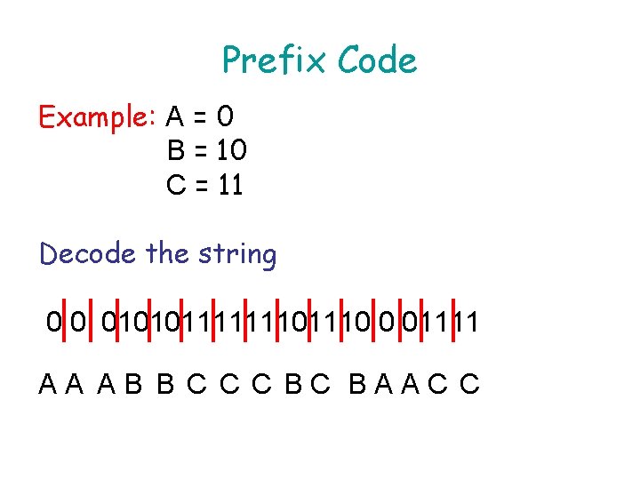 Prefix Code Example: A = 0 B = 10 C = 11 Decode the