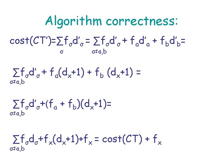 Algorithm correctness: cost(CT’)=∑fσd’σ = ∑fσd’σ + fad’a + fbd’b= σ σ≠a, b ∑fσd’σ +