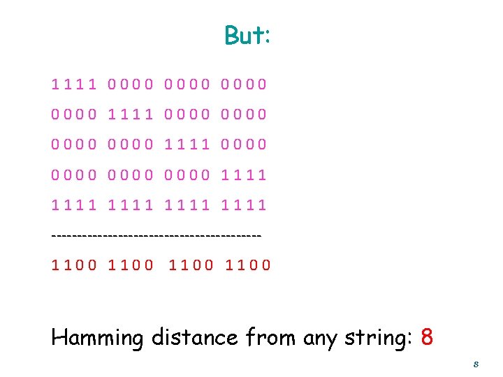 But: 1111 0000 0000 1111 0000 1111 1111 --------------------1100 Hamming distance from any string: