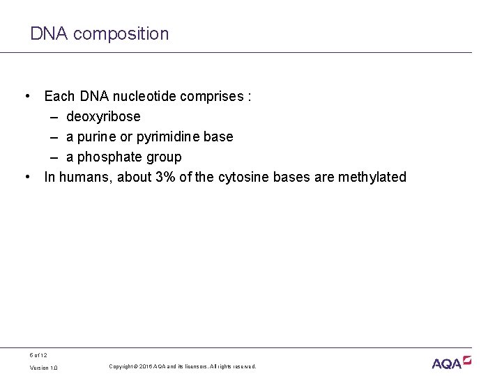 DNA composition • Each DNA nucleotide comprises : – deoxyribose – a purine or