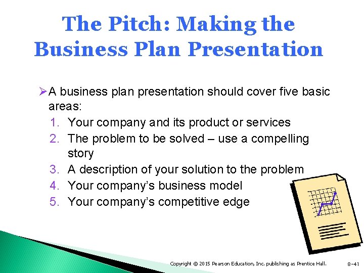 The Pitch: Making the Business Plan Presentation ØA business plan presentation should cover five