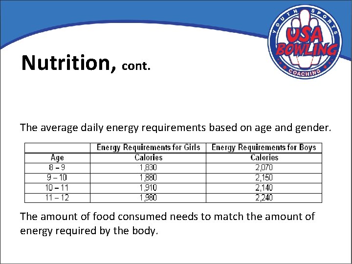 Nutrition, cont. The average daily energy requirements based on age and gender. The amount