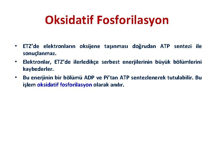 Oksidatif Fosforilasyon • ETZ’de elektronların oksijene taşınması doğrudan ATP sentezi ile sonuçlanmaz. • Elektronlar,