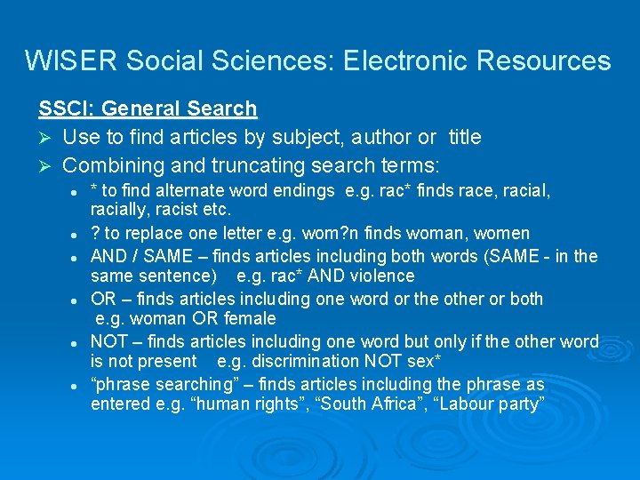 WISER Social Sciences: Electronic Resources SSCI: General Search Ø Use to find articles by