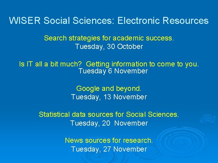WISER Social Sciences: Electronic Resources Search strategies for academic success. Tuesday, 30 October Is