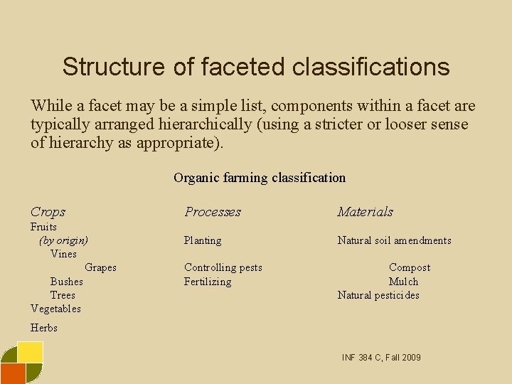 Structure of faceted classifications While a facet may be a simple list, components within