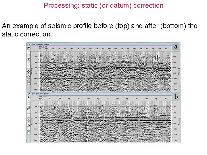 Processing: static (or datum) correction An example of seismic profile before (top) and after