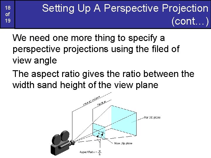18 of 19 Setting Up A Perspective Projection (cont…) We need one more thing