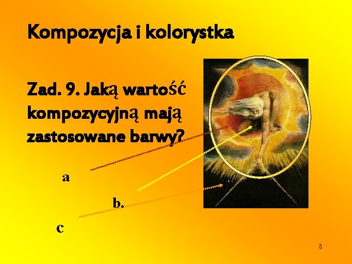 Kompozycja i kolorystka Zad. 9. Jaką wartość kompozycyjną mają zastosowane barwy? a b. c