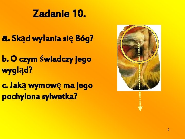 Zadanie 10. a. Skąd wyłania się Bóg? b. O czym świadczy jego wygląd? c.